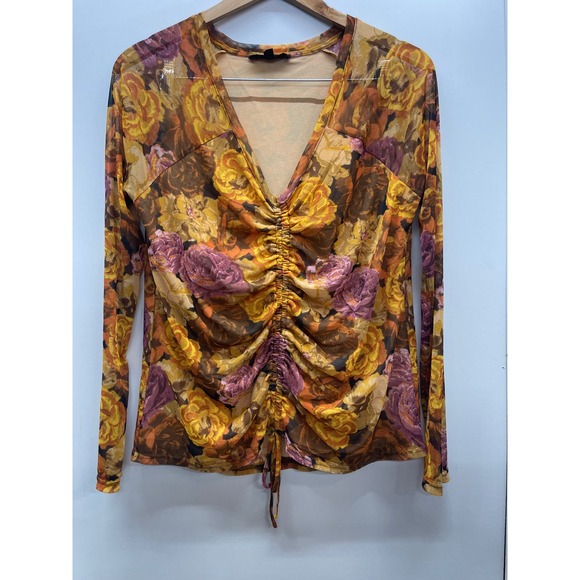 Jane + Delancey Tops - Jane + Delancey Floral Mesh Ruched V-Neck Long Sleeve Top Orange Yellow Large